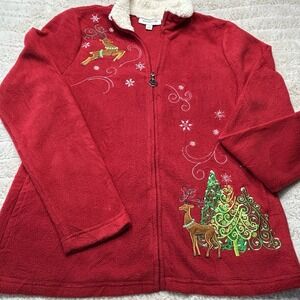 Breckenridge Women's Small Red Fleece Christmas Jacket Sherpa Collar Embroidered
